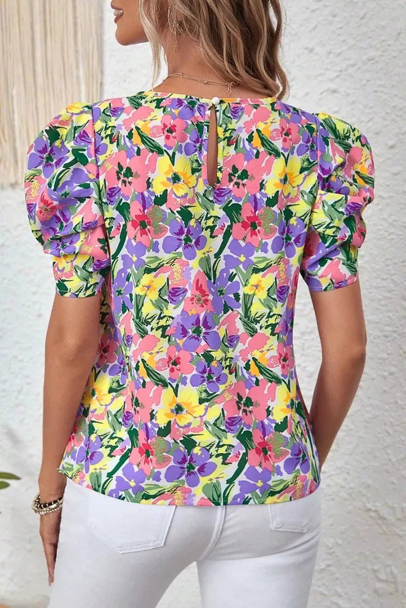 Purple Floral Print Puff Short Sleeve Crew Neck Blouse - Love Salve